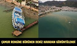 Çamur rengine bürünen deniz havadan görüntülendi