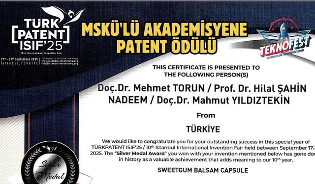 MSKÜ'lü akademisyene patent ödülü