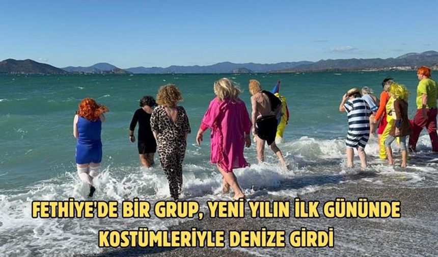 Fethiye'de bir grup, yeni yılın ilk gününde kostümleriyle denize girdi