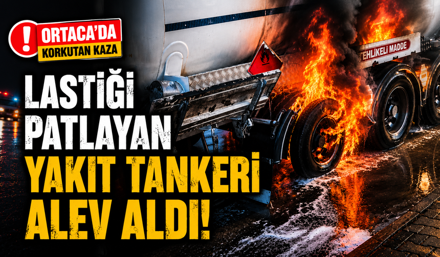 Lastiği patlayan yakıt tankeri alev aldı