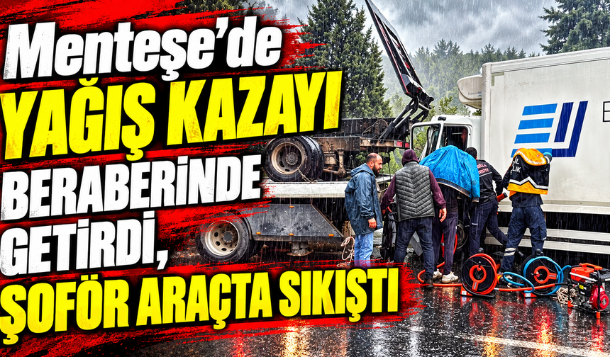 Menteşe’de yağış kazayı beraberinde getirdi, şoför araçta sıkıştı